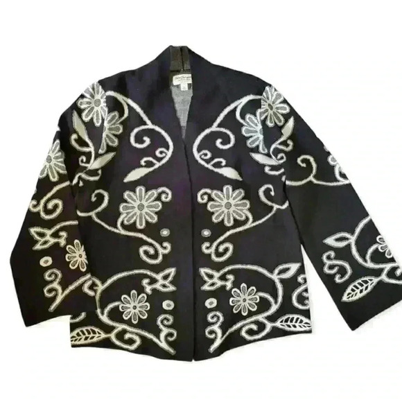 Norm Thompson Vintage Black White Floral Embroidered Jacket Open Front Size M - Picture 2 of 8